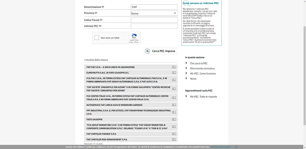 Sito inipec risultati pec azienda